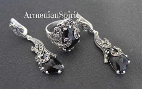 Black onyx marcasite set Ring and earrings SILVER 925
