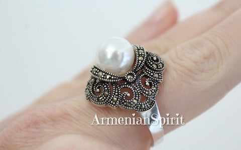 White Pearl ring Victorian wedding white pearl STERLING SILVER 925
