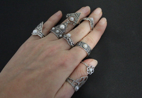 Set of 8 rings Sterling silver 925 Adjustable With artificial white pearl stones