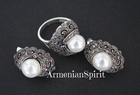 White Pearl SET ring and earrings  white pearl STERLING SILVER 925