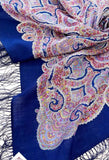 Blue cashmere fringed shawl with Indian mandala and paisley pattern