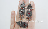 Armenian jewelry set - earrings with dangling details and small geometric ring with traditional daraz ornaments in silver and black with small red stone. 