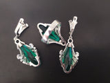 Silver 925 Marcasite Emerald green EARRINGS Very long Green