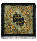 Square woolen blanket size shawl with mustard and khaki floral patterns on a black background
