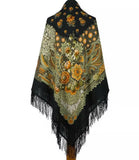 Wrapping blanket size woolen shawl with  mustard and khaki floral patterns on a black background
