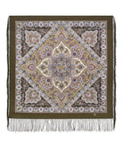 Square merino wool shawl with khaki green paisley pattern and fringes on a white background