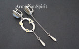 Very long Armenian Spirit earrings on chains with labradorite gem.