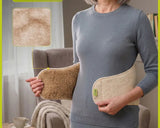 Natural sheep wool lower back warmer belt for lumbar pain relief designed as a wide medical compression brace worn over a purple dress to showcase its everyday contoured fit for spinal support. Premium sheepskin fiber posture support waist band focusing on the lightweight design that offers medical-grade core stability and abdominal support for elderly care or physical therapy.