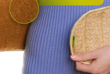 Low back wide belt made of natural 100 camel wool on a woman`s waist in a light blue dress. 100% Camel Wool Lower Back Support Belt.