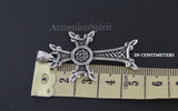 Armenian heavy body cross for men made from oxidized silver with eternity wheel and eight points khachkar design.