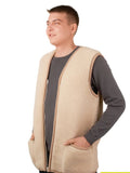 A man wearing a beige sherpa fleece zippered vest over a dark gray long-sleeve shirt, shown against a plain white background.