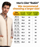 A size chart for Men's Gilet 'Rubin' with a male model wearing the vest on the left and a detailed sizing table on the right. The chart advises choosing a larger size due to the vest being slightly loose.