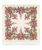 Floral patterned square merino wool scarf with colorful flowers on a beige background