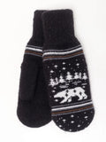 A pair of black knit winter mittens with a white polar bear and pine tree pattern on the back of one mitten, accented with thin brown and white stripes.
