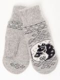 A pair of light gray knit woolen mittens with a black horse pattern on the top, displayed against a plain white background.