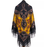 Extra large blanket shawl with black and yellow floral pattern on a white background