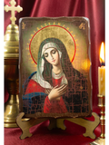 Orthodox Christian icon of the Mother of God of Tenderness crafted on solid pine wood panels. The religious image features detailed craquelure texture and golden tones to enhance prayer corner aesthetics.