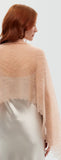 Beige lace pashmina gossamer made of premium knitted goat down wool, showcasing its delicate, semi-sheer lace pattern and narrow rectangular shape.