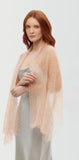 Delicate beige openwork pashmina shawl hand-knitted from hypoallergenic goat down wool, offering a lightweight, cloud-soft accessory for women.