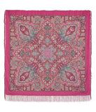 Pink patterned square merino wool scarf with fringes on a white background