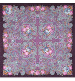 Floral paisley patterned square shawl on a purple background