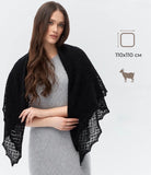 Detailed photography highlighting the soft, fluffy halo of the authentic goat down woolen wrap on a woman`s shoulders. The view captures the premium, itch-free comfort of the natural insulation material.