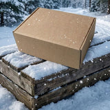 A plain brown cardboard box sits on stacked wooden crates in a snowy outdoor winter scene with evergreen trees in the background. 