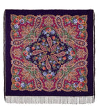 Square woolen scarf with Indian mandala and paisley pattern in purple and teracota on a dark background