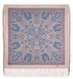 Paisley patterned woolen scarf with fringes on a beige background