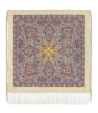 Square mandala blanket shawl with lemon yellow paisley pattern and white fringe on a beige background