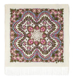 Decorative white shawl with floral pattern and fringe on a white background