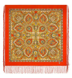 Decorative orange and yellow merino wool square scarf with intricate paisley pattern on a white background