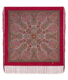Red paisley patterned Slavic square scarf with fringes on a white background