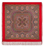 Decorative red woolen scarf with intricate paisley pattern and silky fringe