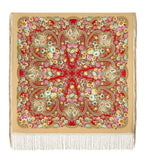 Decorative square woolen red and beige Slavic scarf with floral and paisley patterns on a beige background