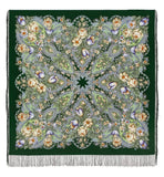 Vintage green blanket shawl with pale blue floral and paisley patterns on a white background