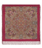 Paisley patterned scarf with fringes on a red background