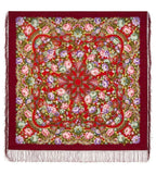 Decorative woolen red scarf with vintage peony flowers and fringes on a red background