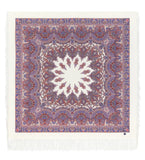 Decorative square shawl woolen with a central white mandala design on a blue and red patterned background.