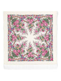 Floral patterned square woolen scarf with pink vintage roses and green leaves on a white background