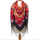 Premium quality Scarf 58'' square 100 % merino wool red flowers big 2137