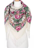 Floral patterned white woolen scarf with fringes and vintage pink pale roses on a white background