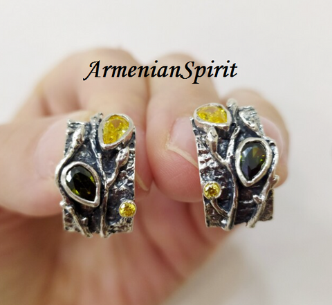 Earrings Silver 925 green yellow zircon Armenian Spirit