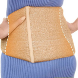 Camel wool natural handmade wide belt warmer for lower back on a woman who shows that it is a snug and comfortable to wear.