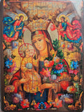 Antique style Orthodox icon of Mother of God holding infant Jesus and a white lily, premium canvas print on a thick pine wood board for Christian home decor.