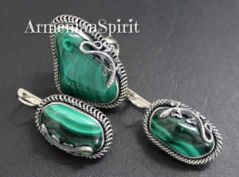 Silver 925 earrings ring lizard malachite