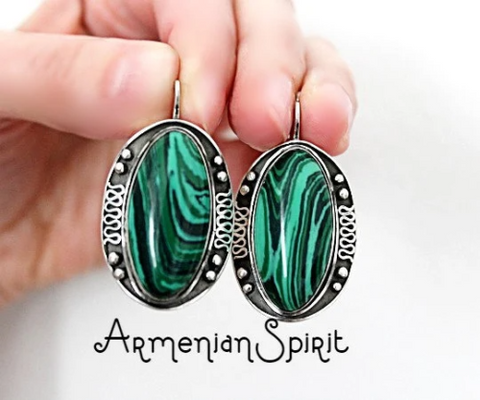 Silver 925 Earrings Green Malachite