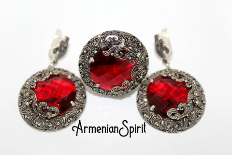 Set earrings ring Silver 925 red topaz