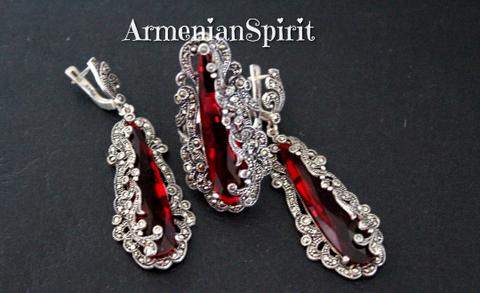 SET Long Earrings Ring red Silver 925 Marcasite