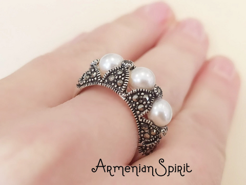 Ring Sterling Silver 925 white pearls